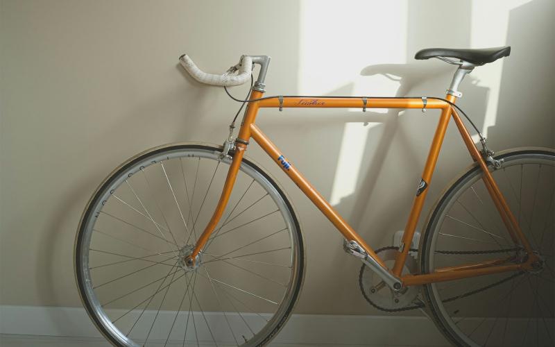 a bicycle parked in a room